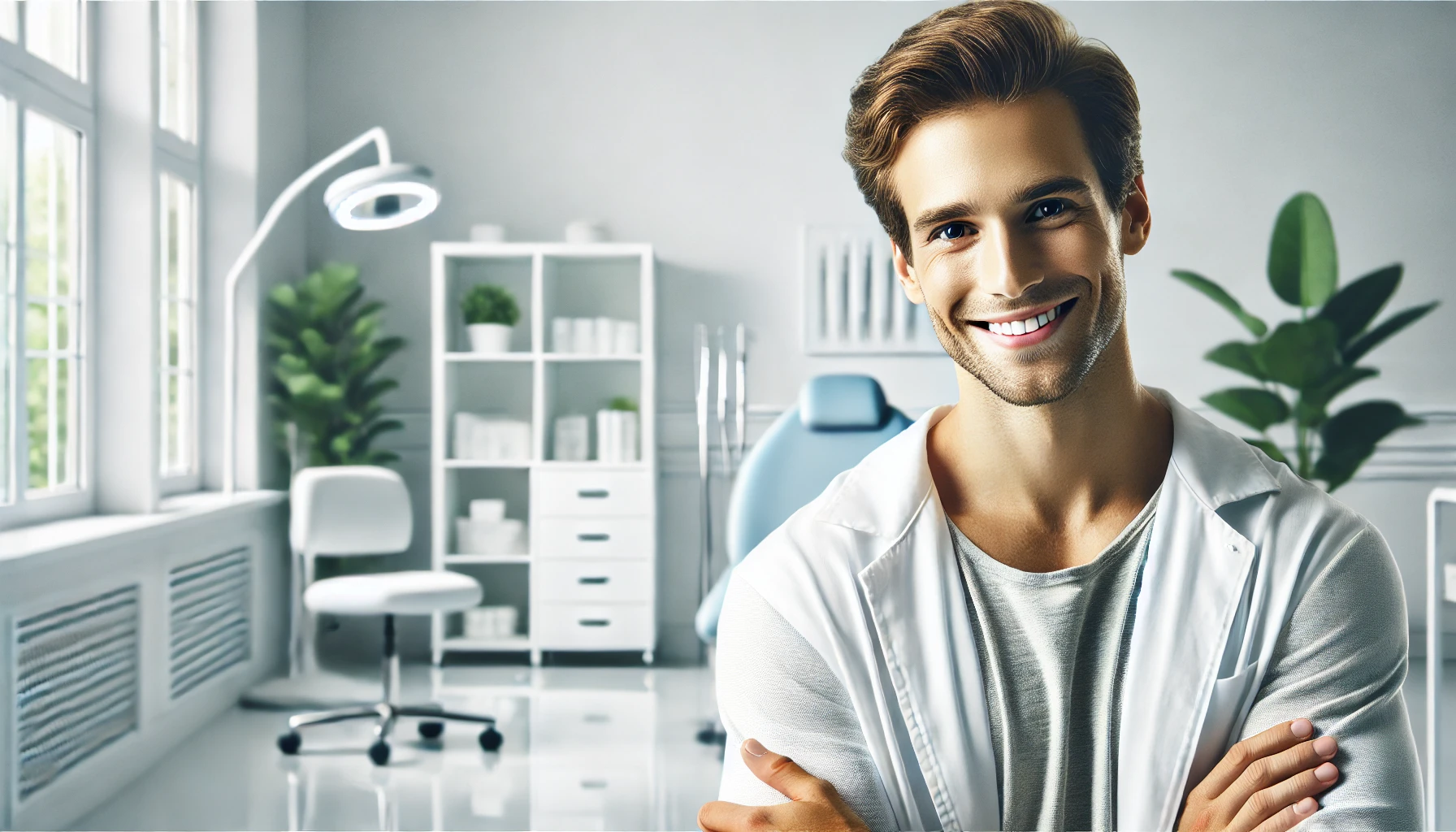 Paciente sorrindo em uma clínica moderna